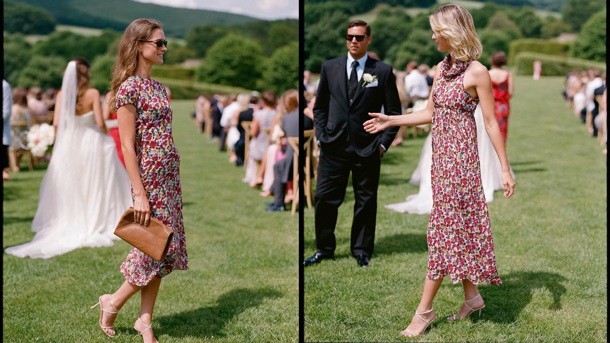 Summer wedding guest in a floral midi dress and wedge sandals in an English garden