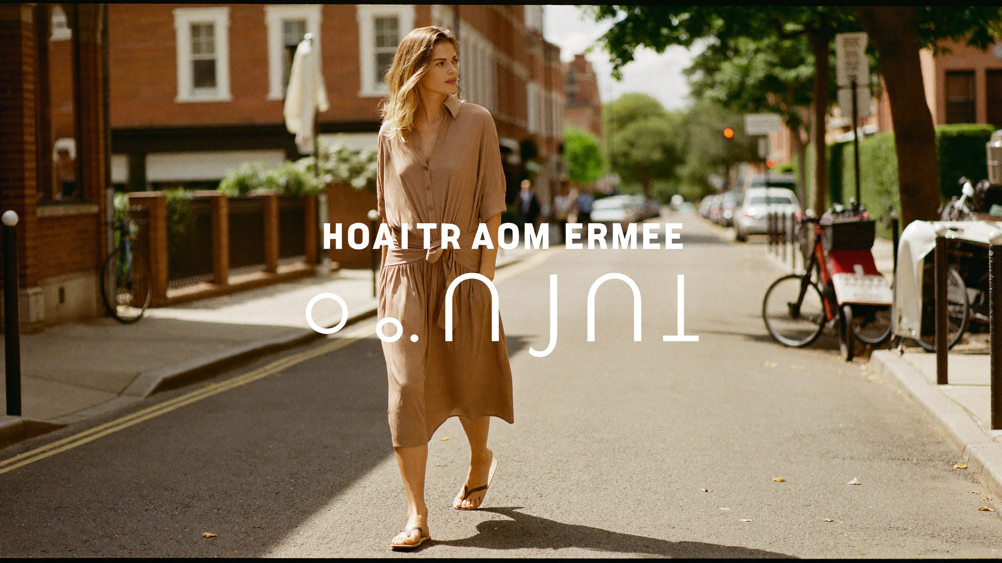 Woman in a tan summer midi dress and comfortable cushioned sandals on a UK high street