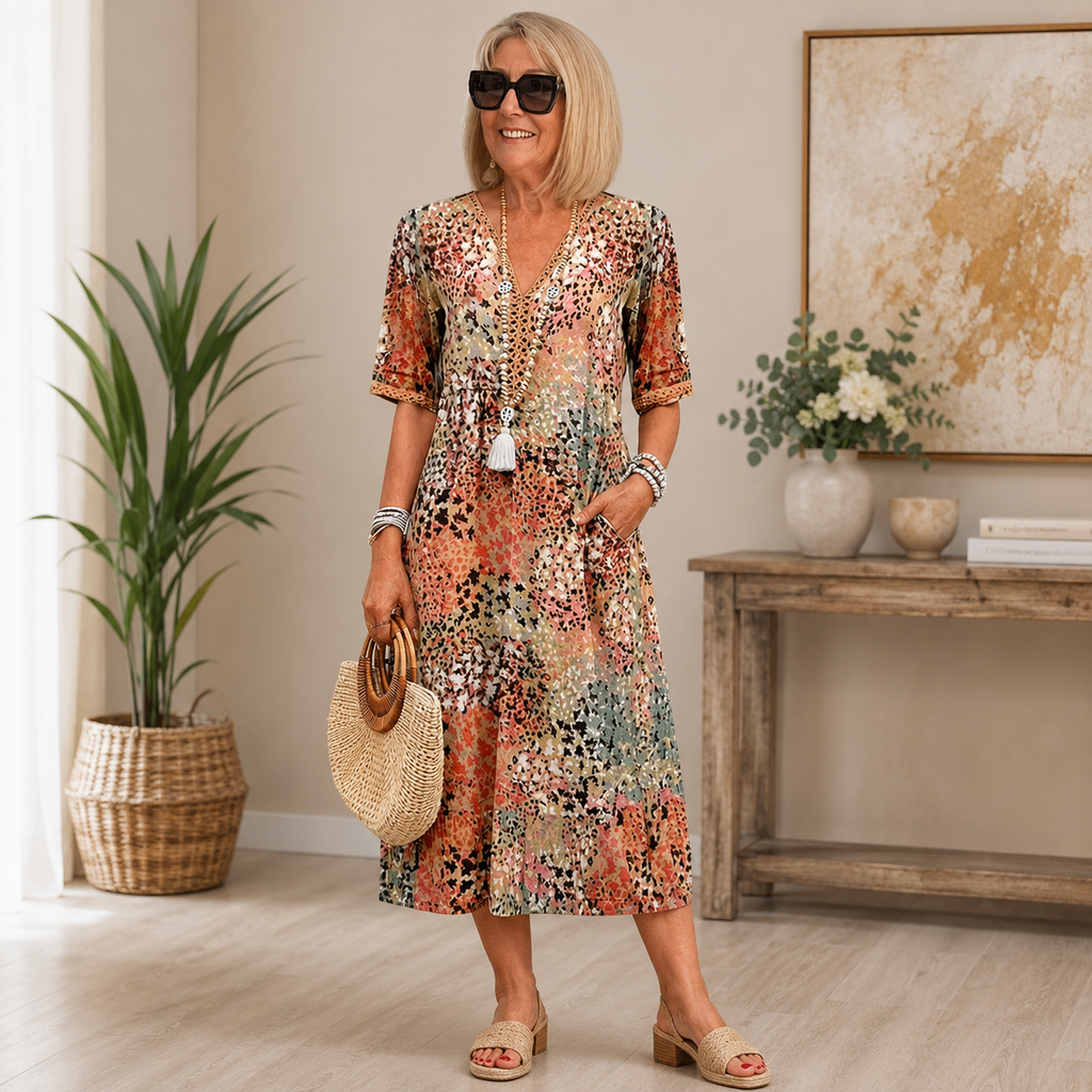 Women's Floral Midi Dress – Flowy V-Neck Summer Day Dress