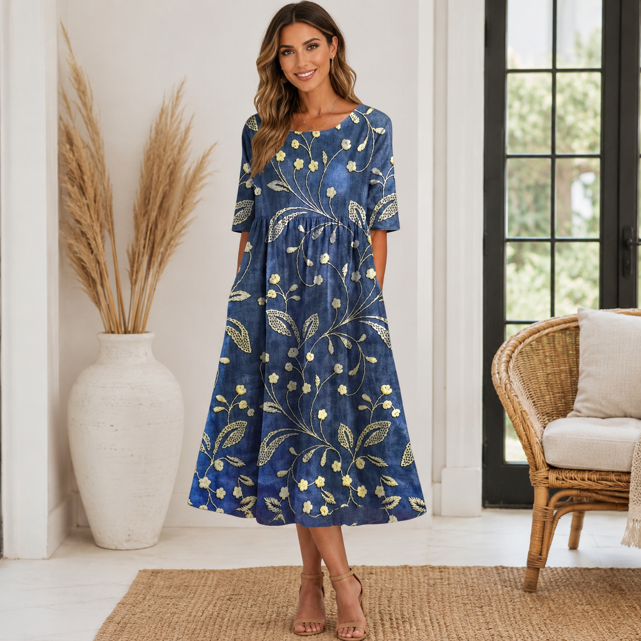 Women's Embroidered Summer Dress – Flowy Casual Midi Dress