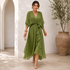 Women's Wrap Midi Dress – Adjustable Tie Waist Day Dress