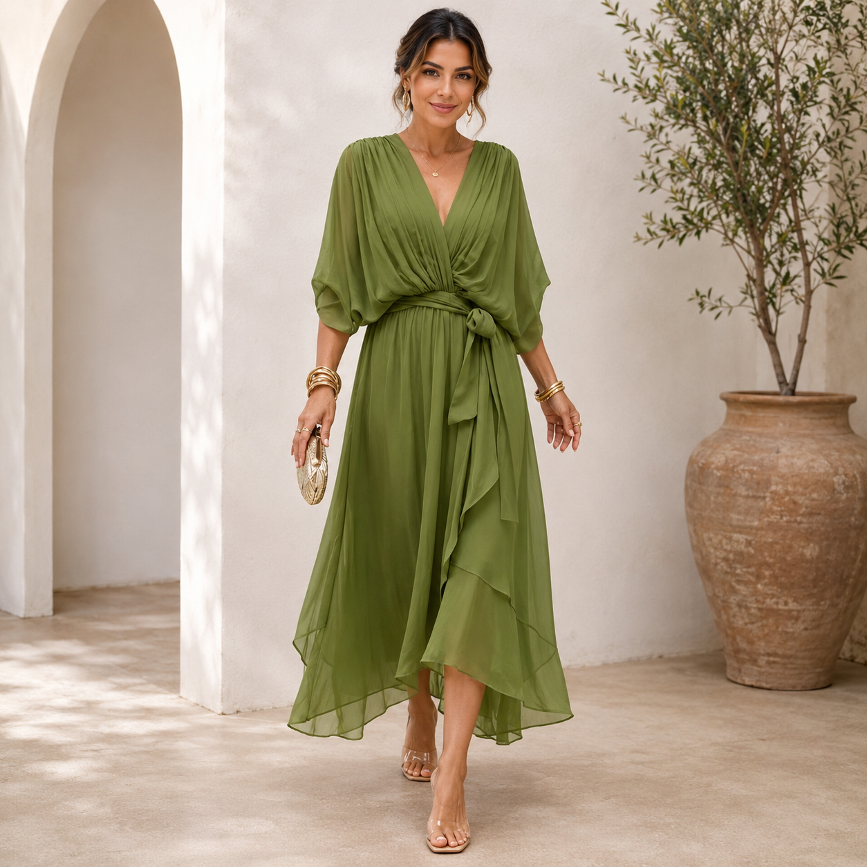 Women's Wrap Midi Dress – Adjustable Tie Waist Day Dress