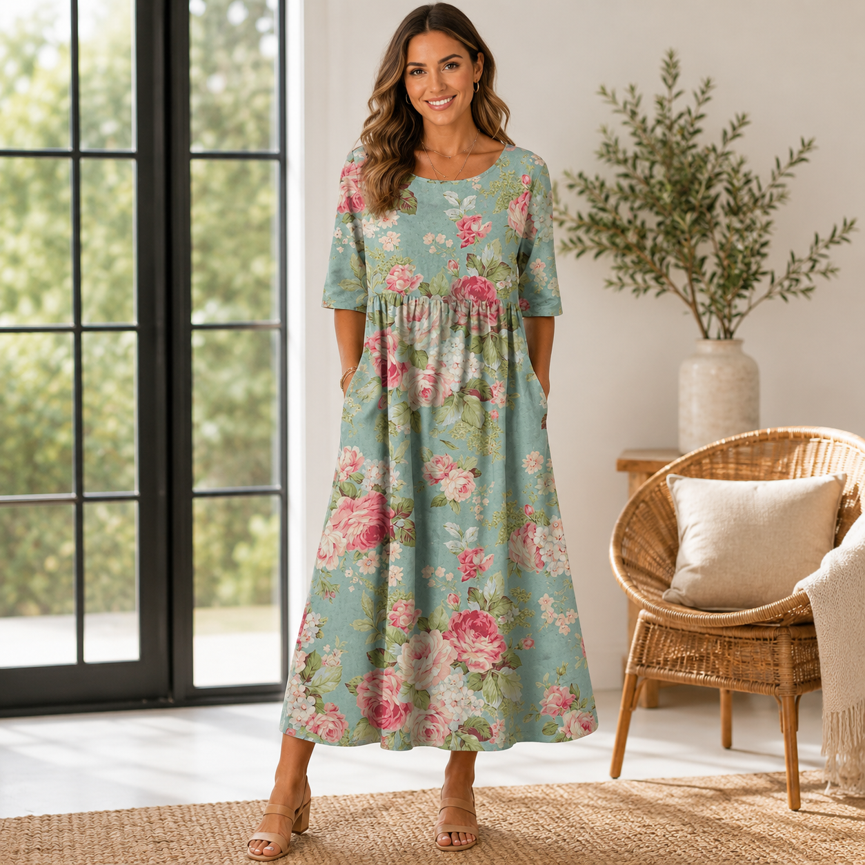 Women's Embroidered Summer Dress – Flowy Casual Midi Dress