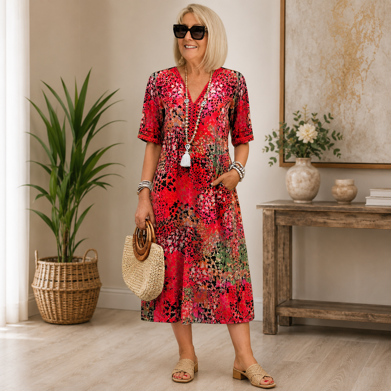 Women's Floral Midi Dress – Flowy V-Neck Summer Day Dress