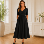 Women's Midi Dress – Sleeved, Side Pockets, Casual Day Dress