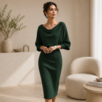 Women's Black Batwing Midi Dress – Draped Sleeve Elegant Day Dress