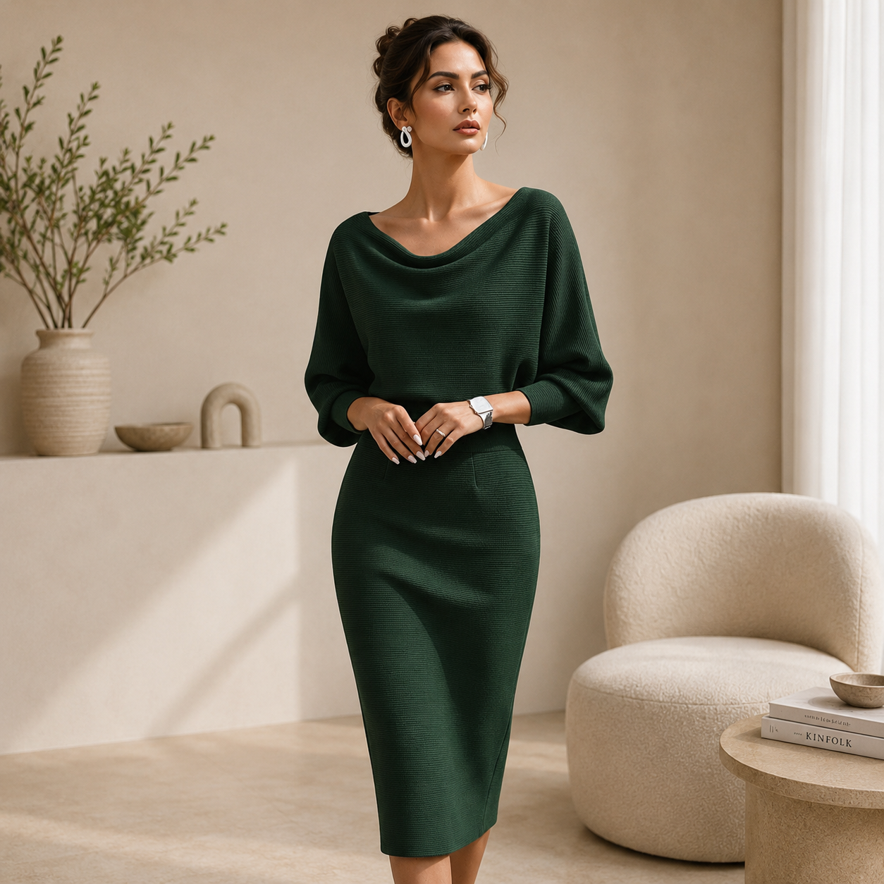 Women's Black Batwing Midi Dress – Draped Sleeve Elegant Day Dress