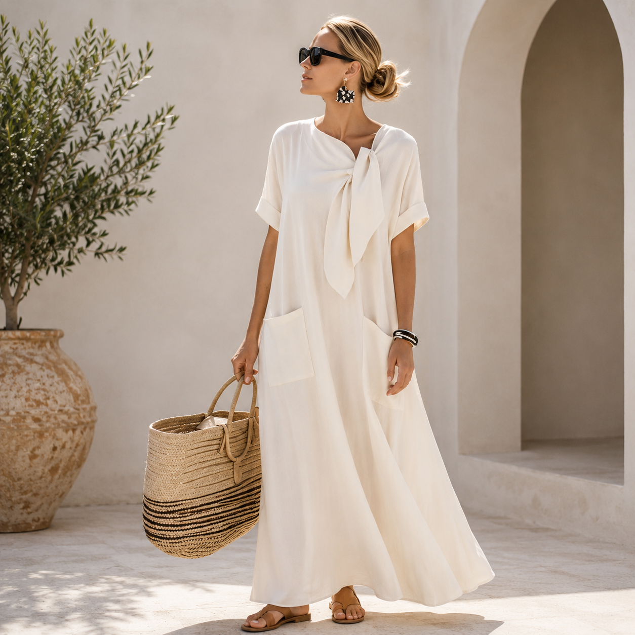 Women's Tie-Neck Summer Dress – Flowy Casual Beach Dress