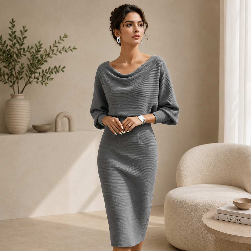 Women's Black Batwing Midi Dress – Draped Sleeve Elegant Day Dress