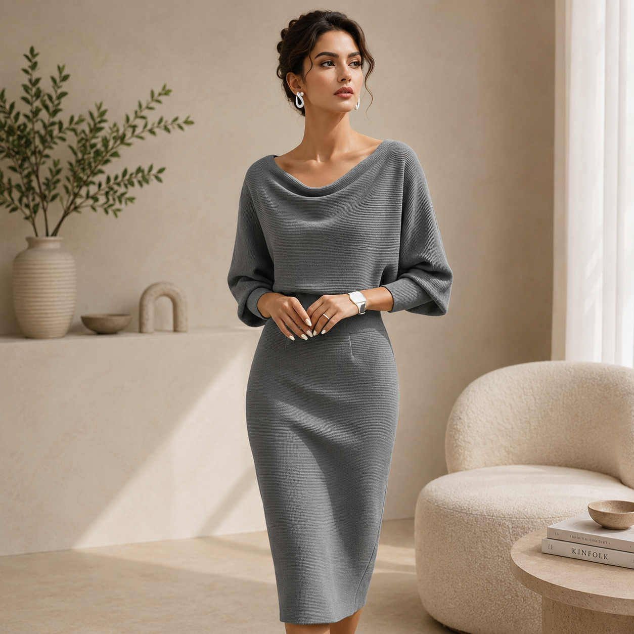 Women's Black Batwing Midi Dress – Draped Sleeve Elegant Day Dress