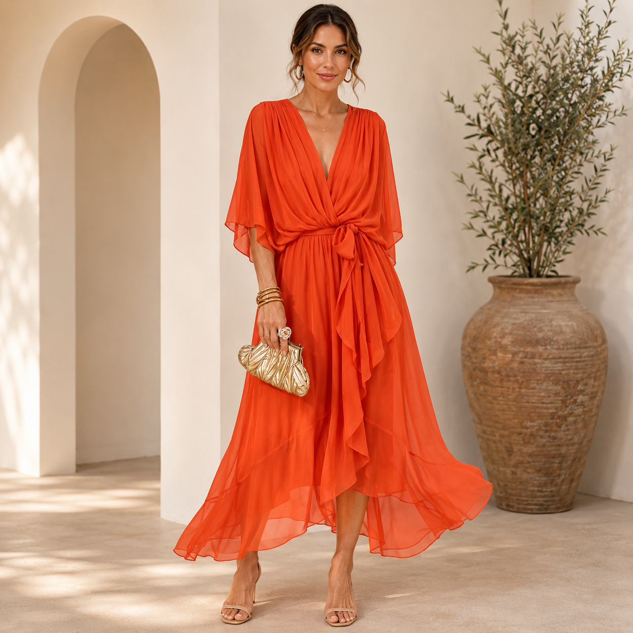 Women's Wrap Midi Dress – Adjustable Tie Waist Day Dress