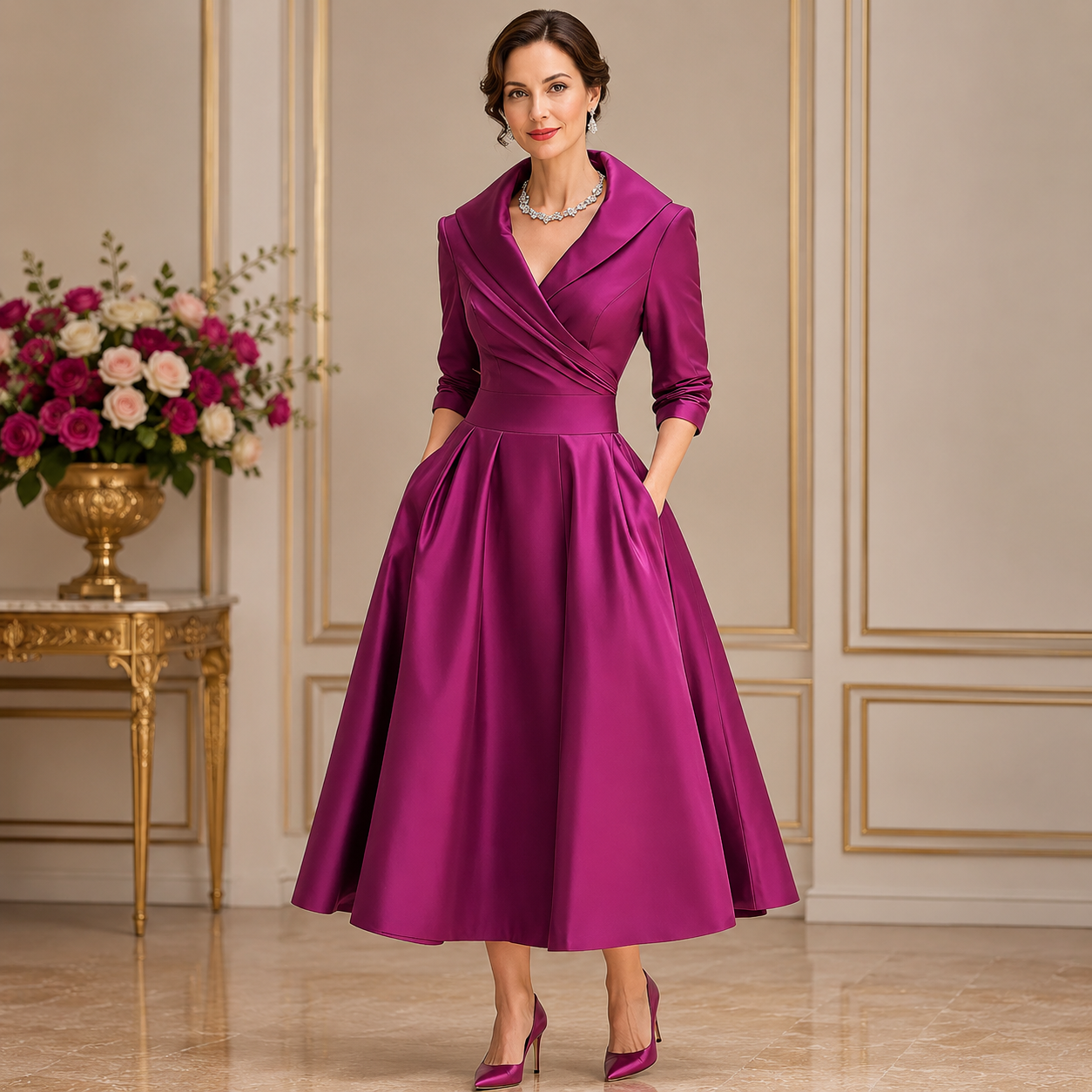 Women's Long Sleeve Midi Dress – Pockets, Casual Work Dress