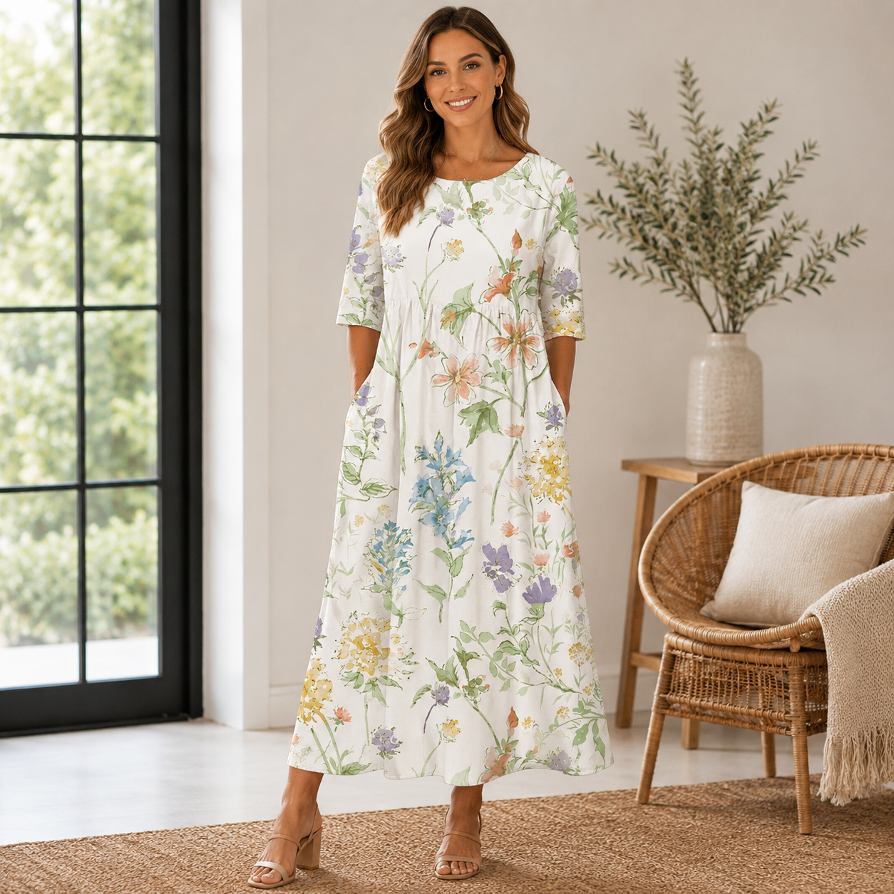 Women's Embroidered Summer Dress – Flowy Casual Midi Dress