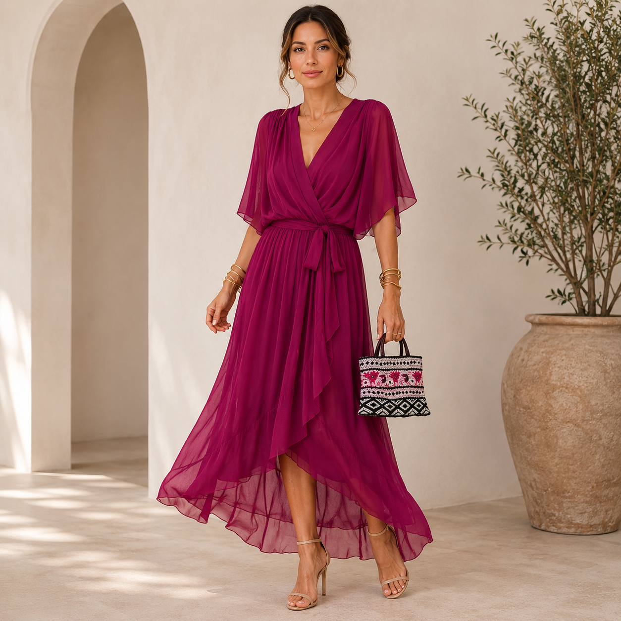 Women's Wrap Midi Dress – Adjustable Tie Waist Day Dress