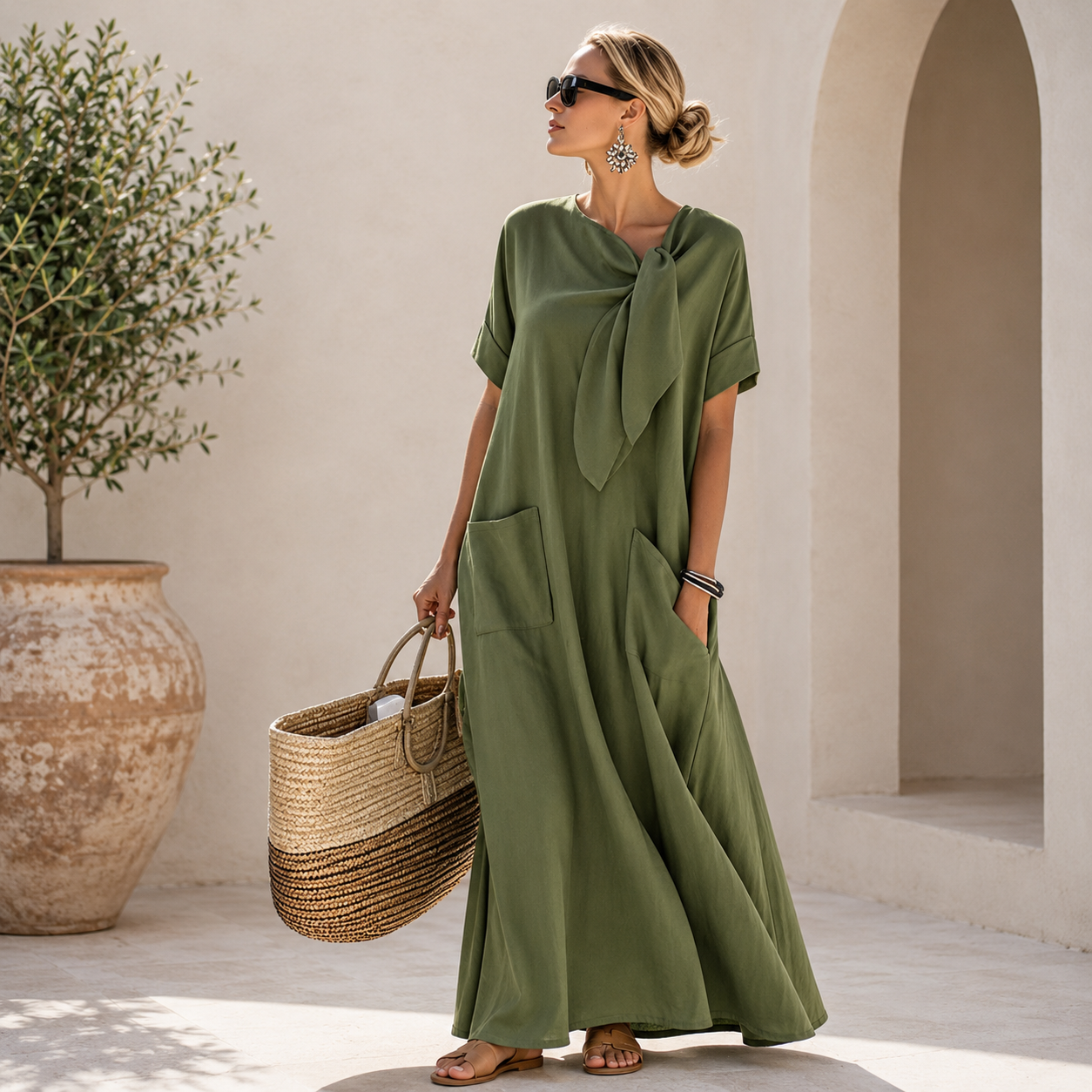 Women's Tie-Neck Summer Dress – Flowy Casual Beach Dress