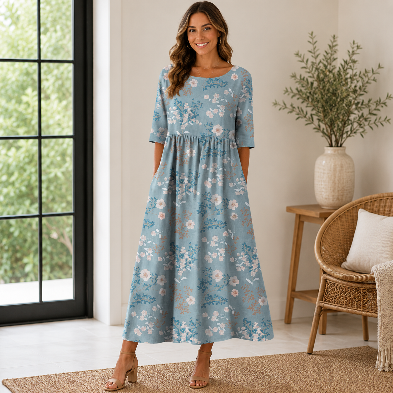 Women's Embroidered Summer Dress – Flowy Casual Midi Dress