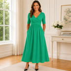 Women's Midi Dress – Sleeved, Side Pockets, Casual Day Dress