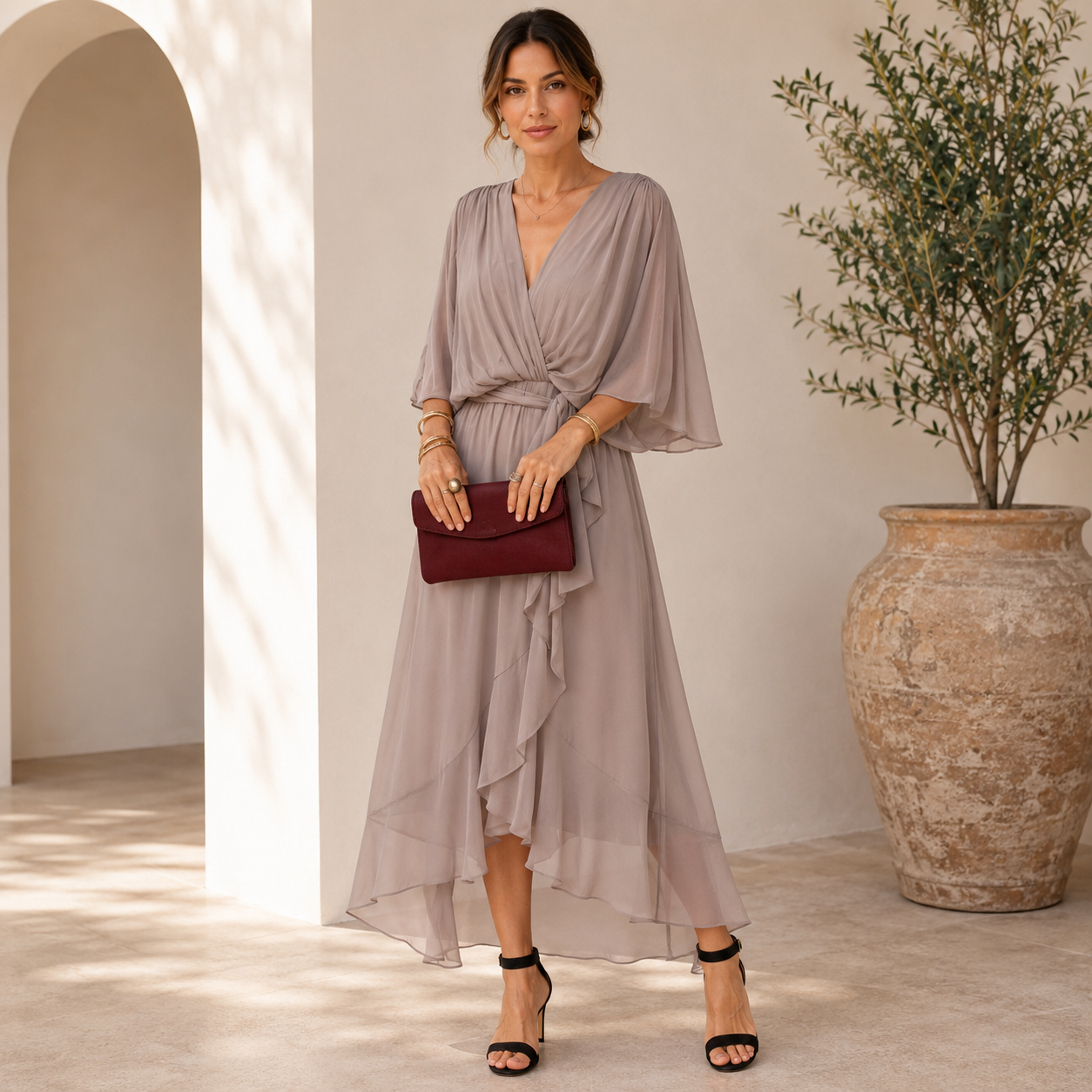 Women's Wrap Midi Dress – Adjustable Tie Waist Day Dress