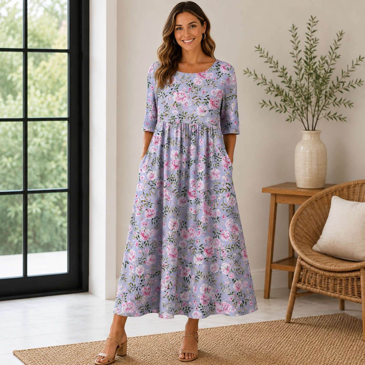 Women's Embroidered Summer Dress – Flowy Casual Midi Dress