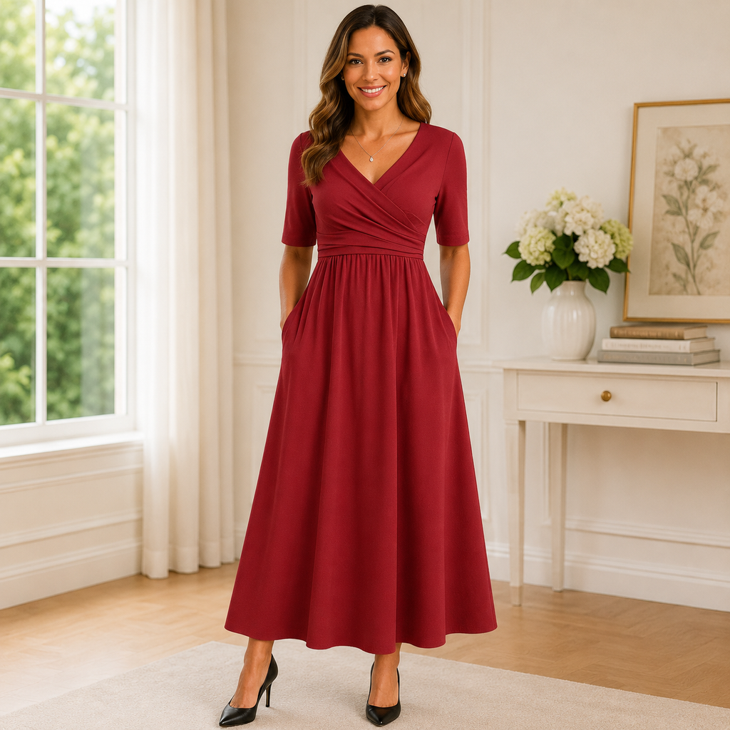 Women's Midi Dress – Sleeved, Side Pockets, Casual Day Dress