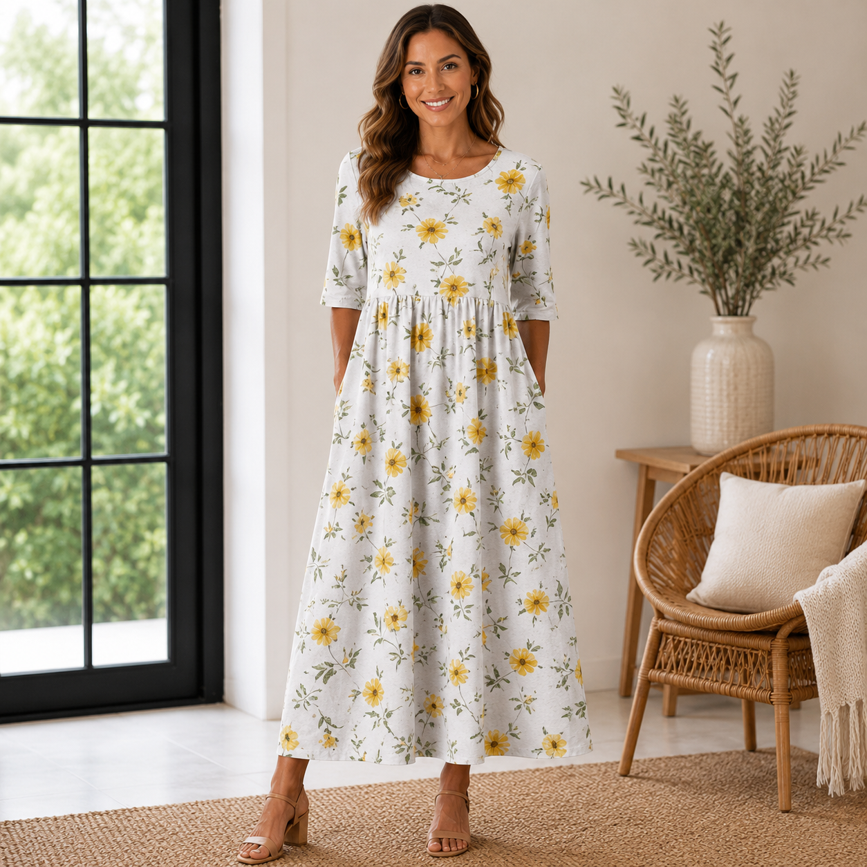 Women's Embroidered Summer Dress – Flowy Casual Midi Dress
