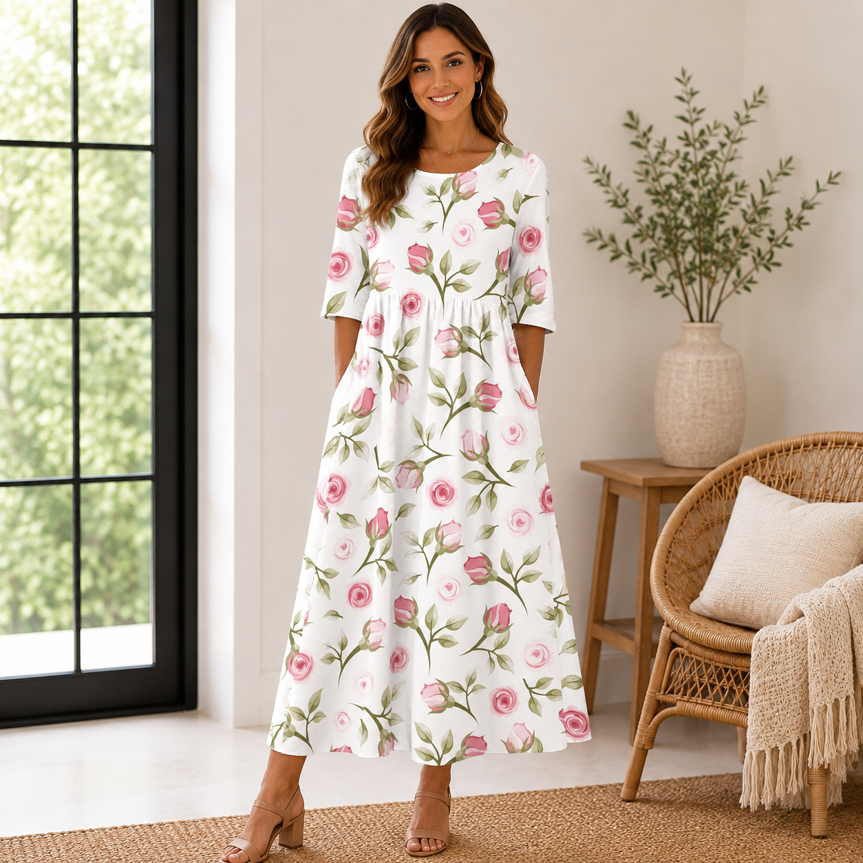 Women's Embroidered Summer Dress – Flowy Casual Midi Dress