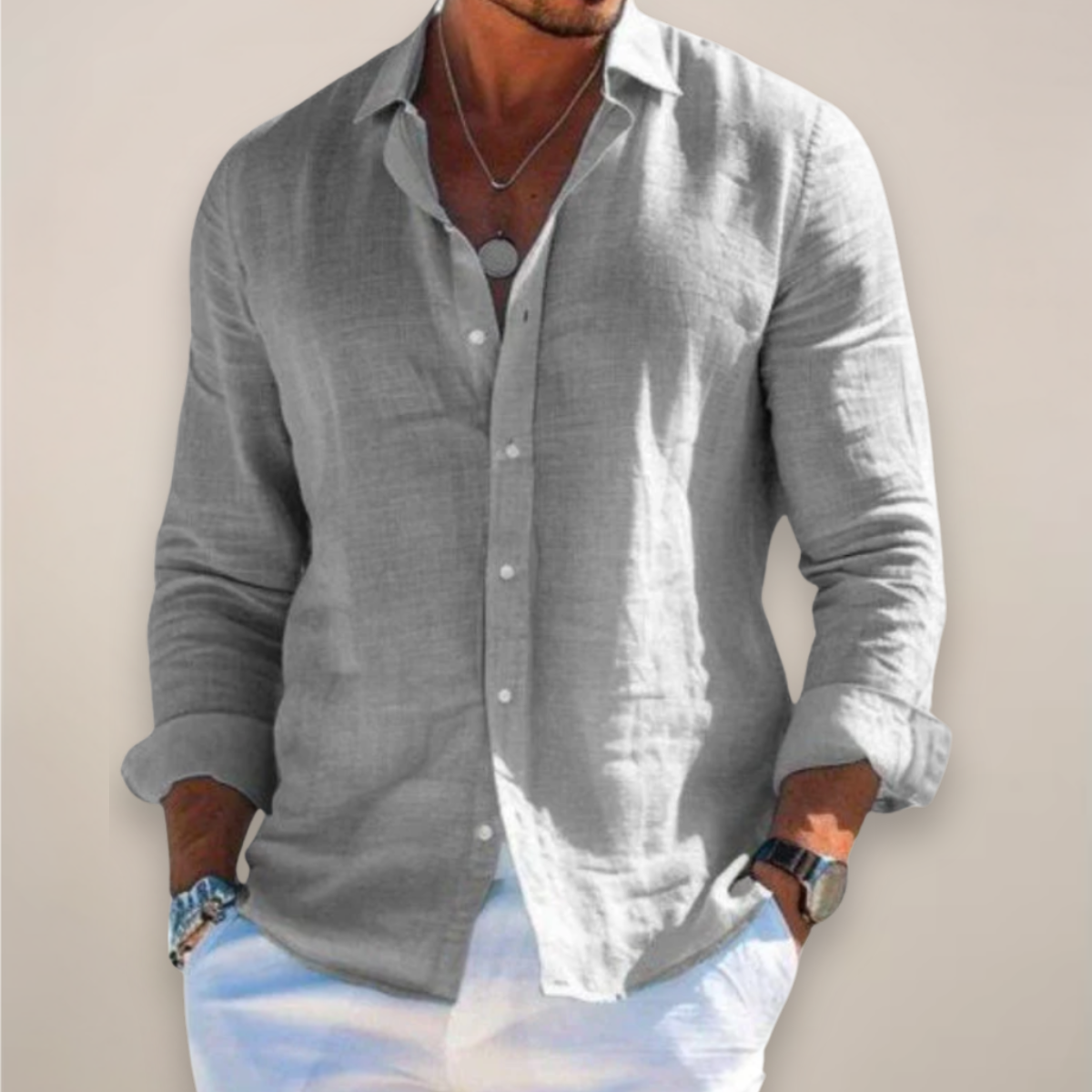 Men's Linen Shirt | Long-Sleeve Classic-Collar Button-Front
