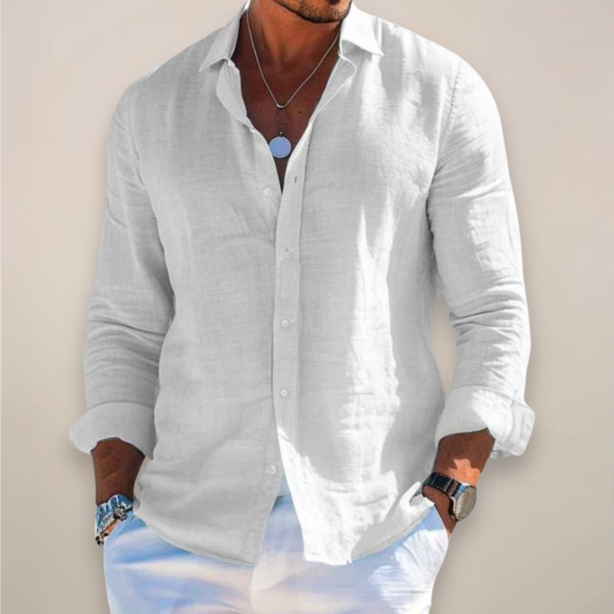 Men's Linen Shirt | Long-Sleeve Classic-Collar Button-Front
