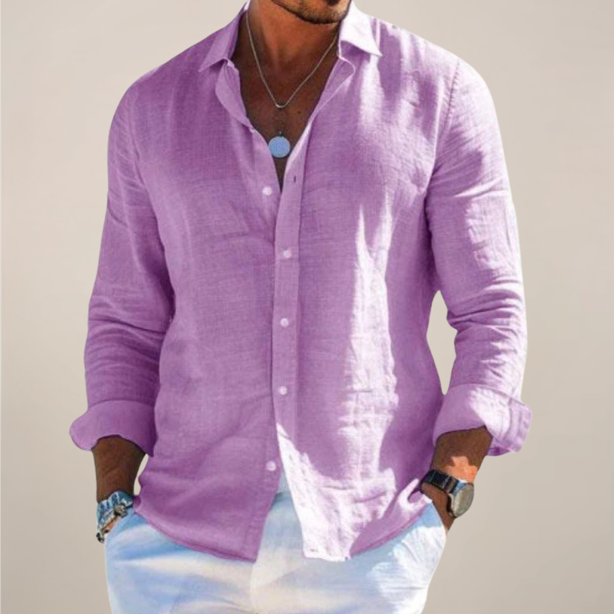 Men's Linen Shirt | Long-Sleeve Classic-Collar Button-Front