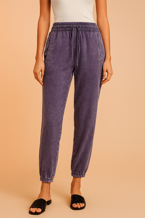 Casual Purple Trousers | Relaxed Fit with Vintage Wash and Drawstring Waist 1