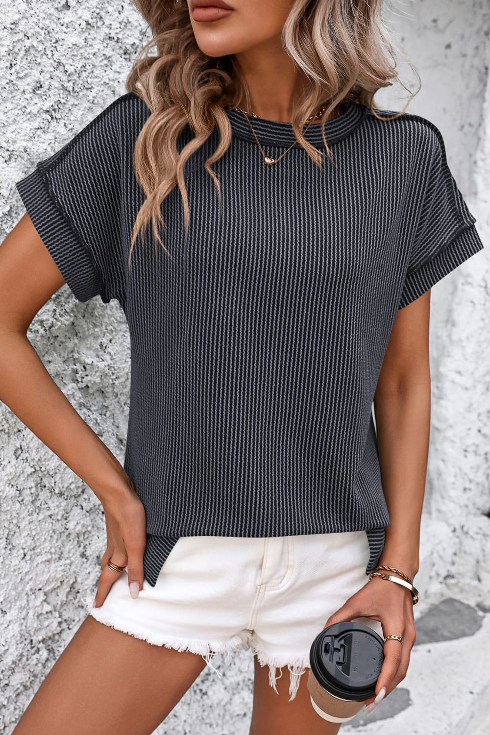 Casual Striped T-Shirt with Ribbed Design | Comfortable Fit for Everyday Wear 0