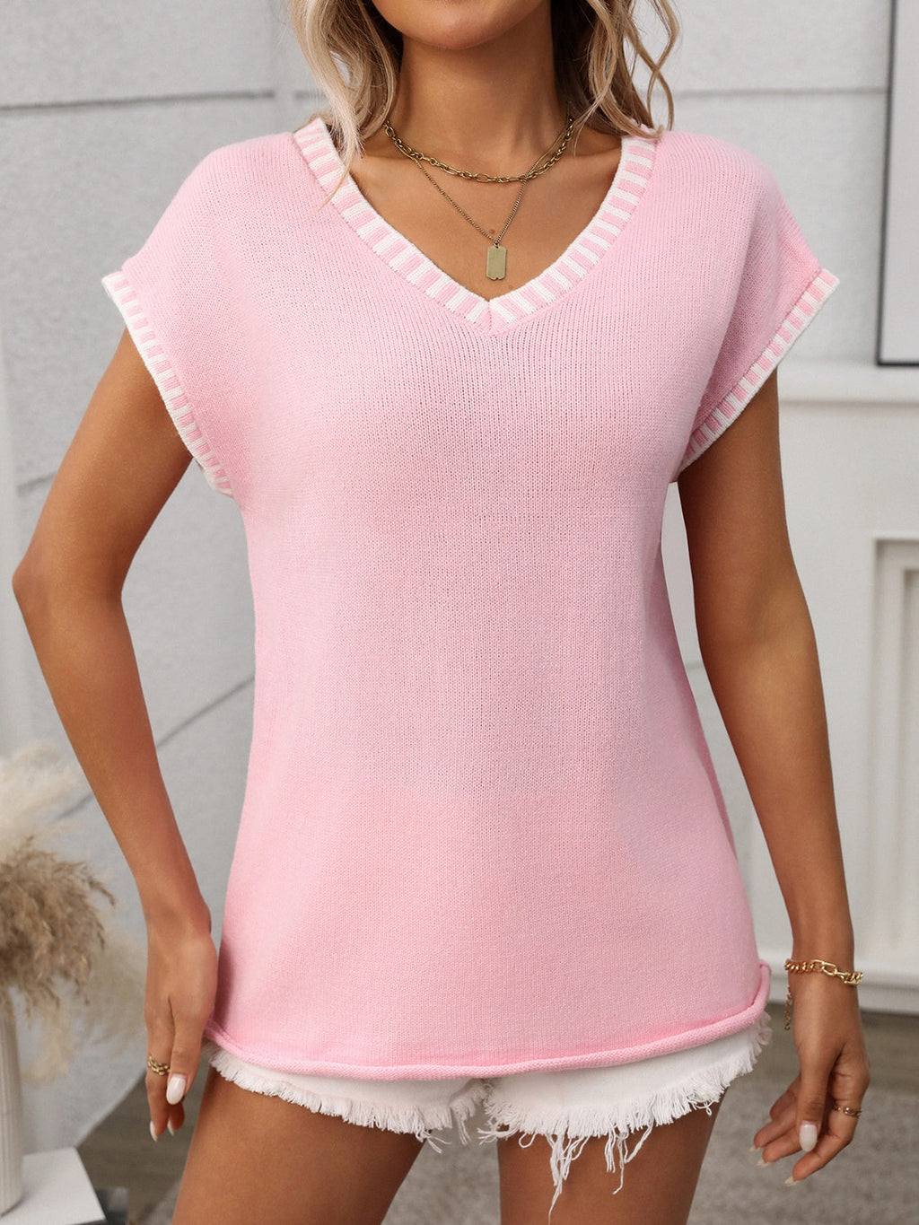 Classic Knit Top | V-Neck Short Sleeve Design with Moderate Stretch | Comfortable Fit for Everyday Wear 8