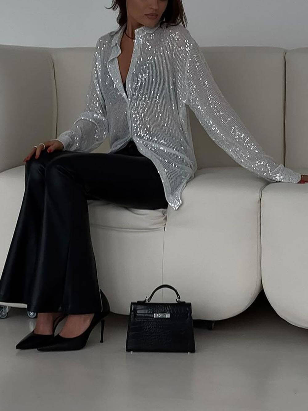 Elegant Beaded Blouse | Women's Blouse with Long Sleeves & Beaded Lapel | Comfortable Fit for Any Occasion 2