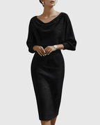 Elegant Collection | White Midi Dress with Draped Batwing Sleeves | Flattering Fit for Timeless Sophistication 0