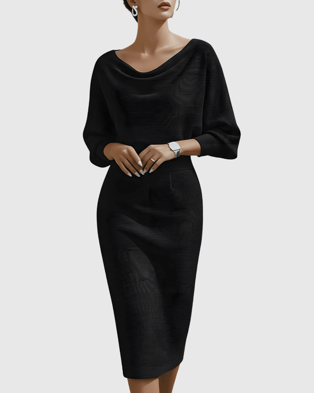 Elegant Collection | White Midi Dress with Draped Batwing Sleeves | Flattering Fit for Timeless Sophistication 0