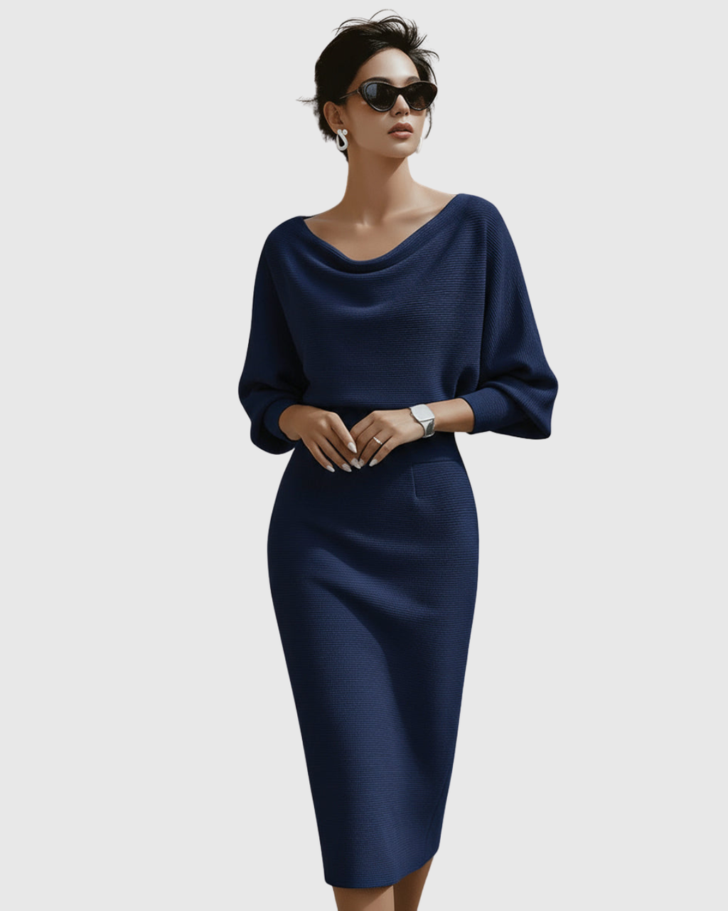 Elegant Collection | White Midi Dress with Draped Batwing Sleeves | Flattering Fit for Timeless Sophistication 1