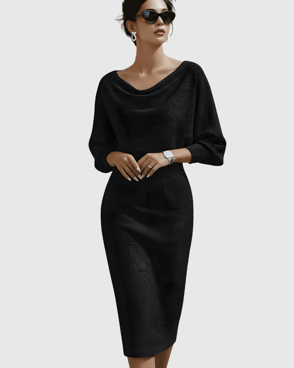 Elegant Collection | White Midi Dress with Draped Batwing Sleeves | Flattering Fit for Timeless Sophistication 2
