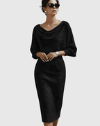 Elegant Collection | White Midi Dress with Draped Batwing Sleeves | Flattering Fit for Timeless Sophistication 2