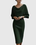 Elegant Collection | White Midi Dress with Draped Batwing Sleeves | Flattering Fit for Timeless Sophistication 3