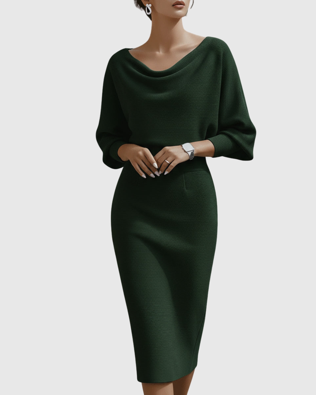 Elegant Collection | White Midi Dress with Draped Batwing Sleeves | Flattering Fit for Timeless Sophistication 3