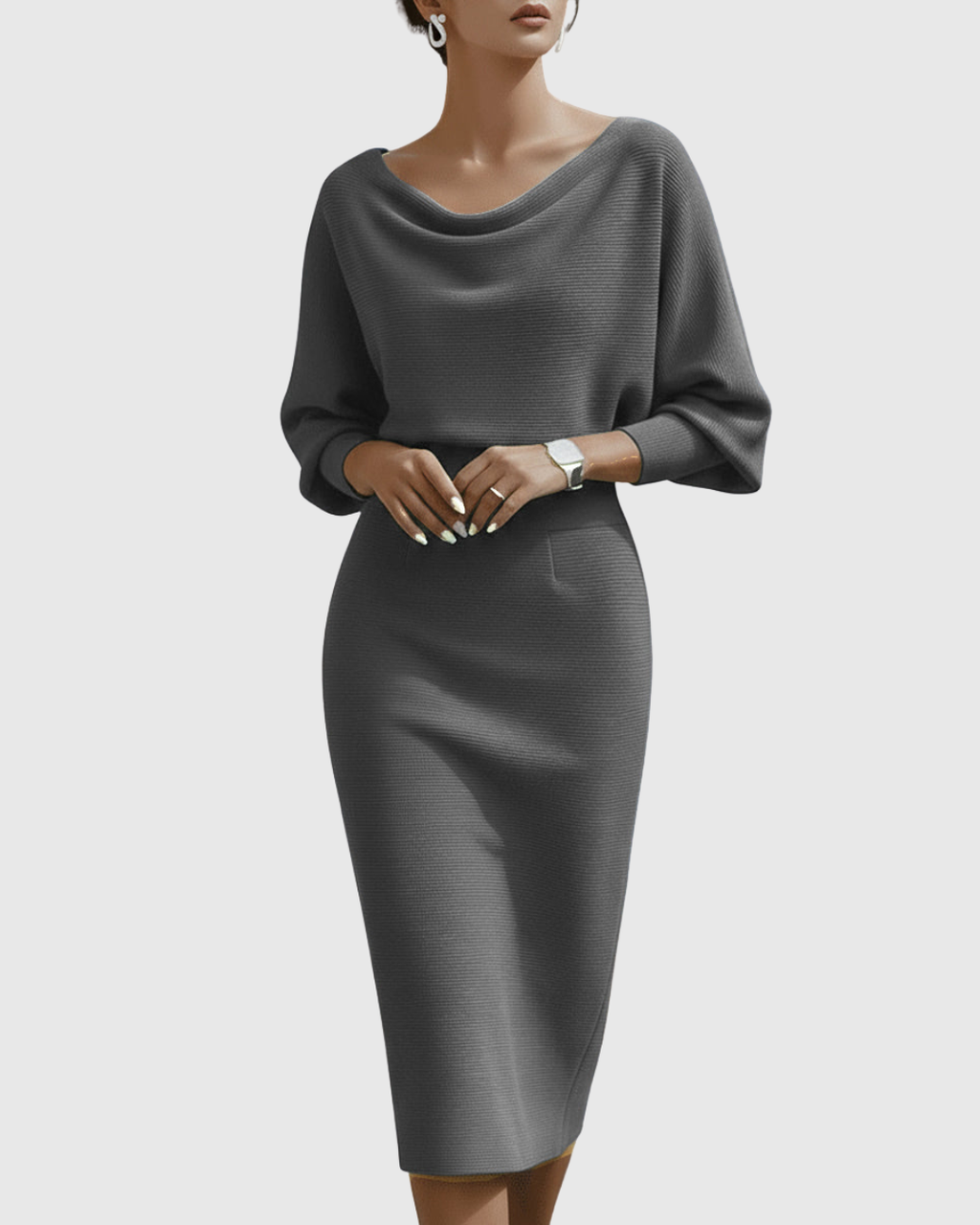 Elegant Collection | White Midi Dress with Draped Batwing Sleeves | Flattering Fit for Timeless Sophistication 4