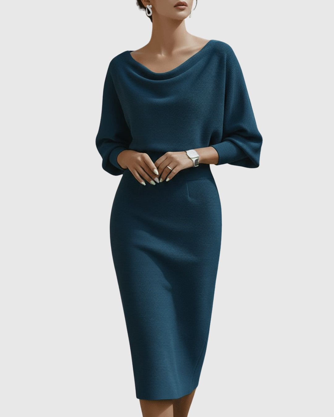 Elegant Collection | White Midi Dress with Draped Batwing Sleeves | Flattering Fit for Timeless Sophistication 5