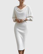 Elegant Collection | White Midi Dress with Draped Batwing Sleeves | Flattering Fit for Timeless Sophistication 6