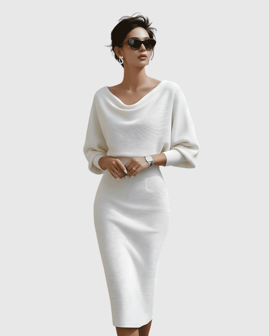 Elegant Collection | White Midi Dress with Draped Batwing Sleeves | Flattering Fit for Timeless Sophistication 7