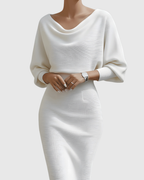 Elegant Collection | White Midi Dress with Draped Batwing Sleeves | Flattering Fit for Timeless Sophistication 8