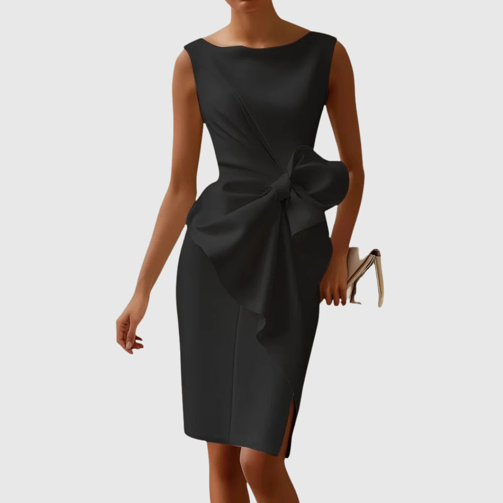 Elegant Collection | White Midi Dress with Sculpted Side Bow | Flattering Fit for Special Occasions 0