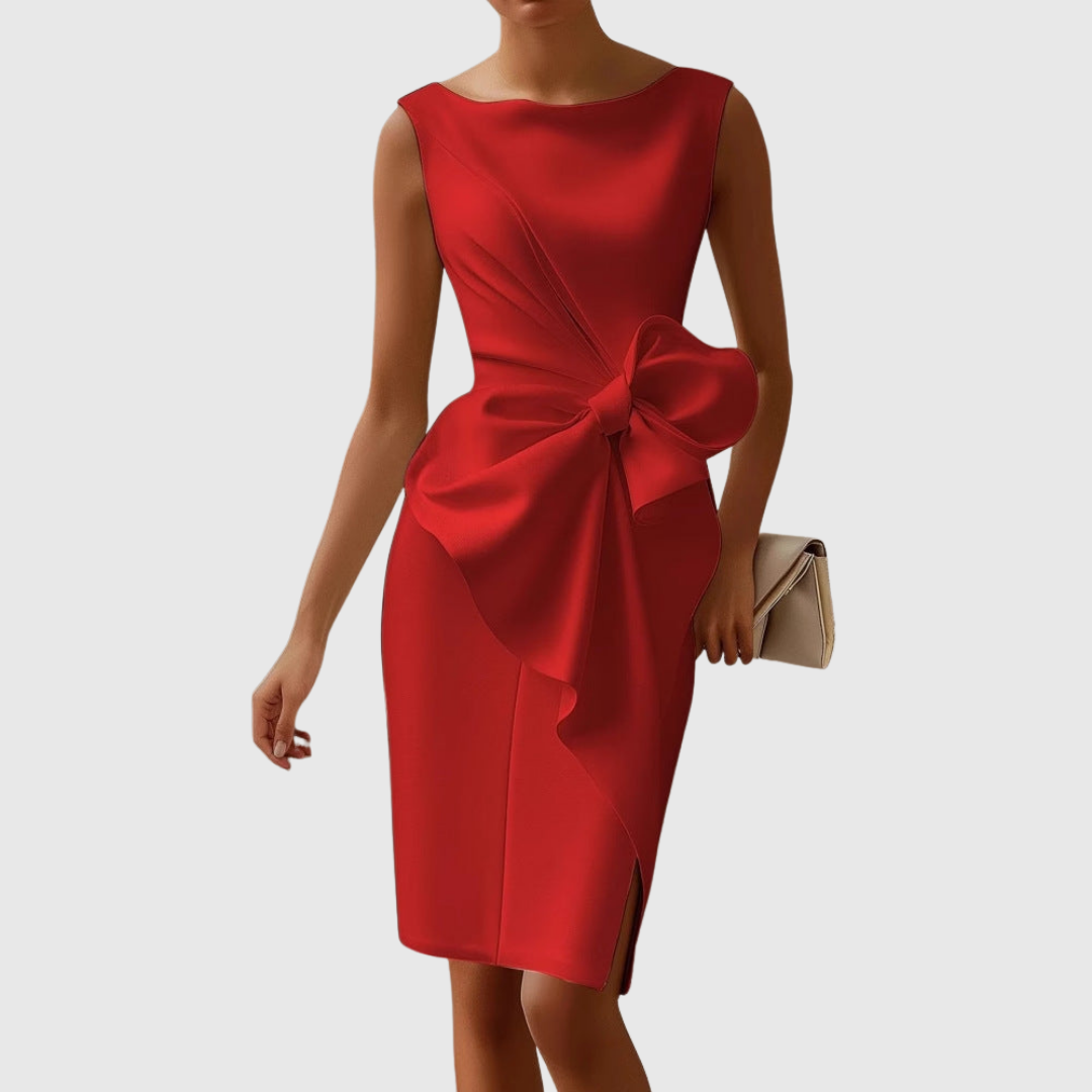 Elegant Collection | White Midi Dress with Sculpted Side Bow | Flattering Fit for Special Occasions 1