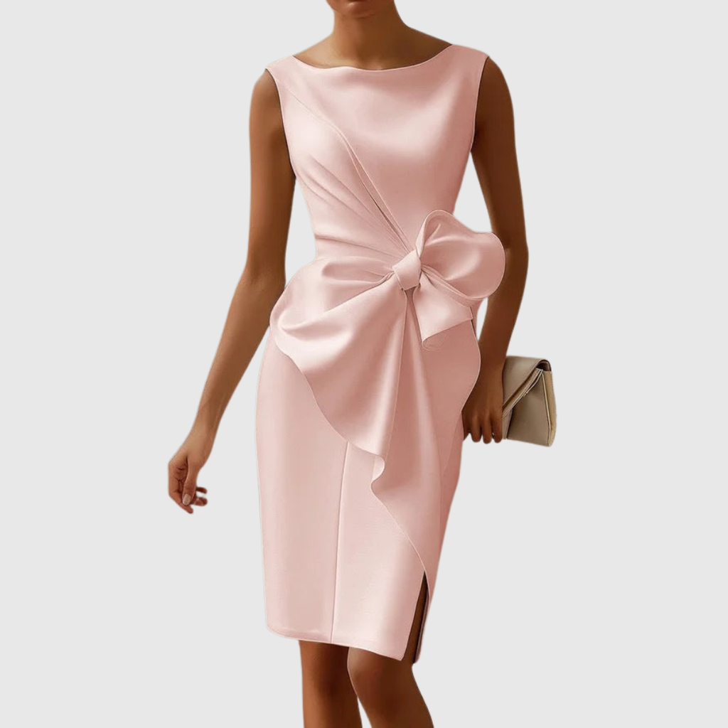 Elegant Collection | White Midi Dress with Sculpted Side Bow | Flattering Fit for Special Occasions 2