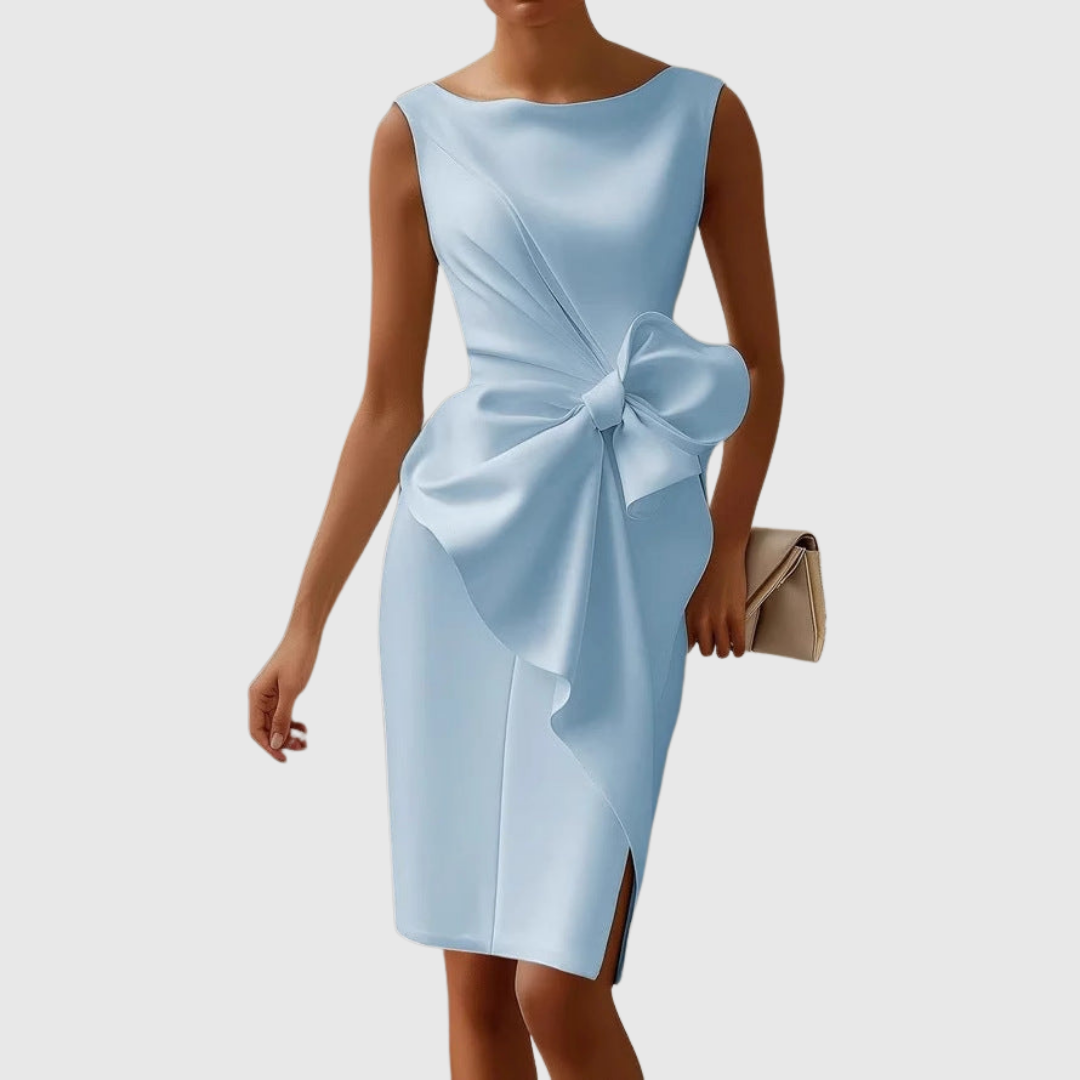 Elegant Collection | White Midi Dress with Sculpted Side Bow | Flattering Fit for Special Occasions 3