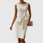 Elegant Collection | White Midi Dress with Sculpted Side Bow | Flattering Fit for Special Occasions 4